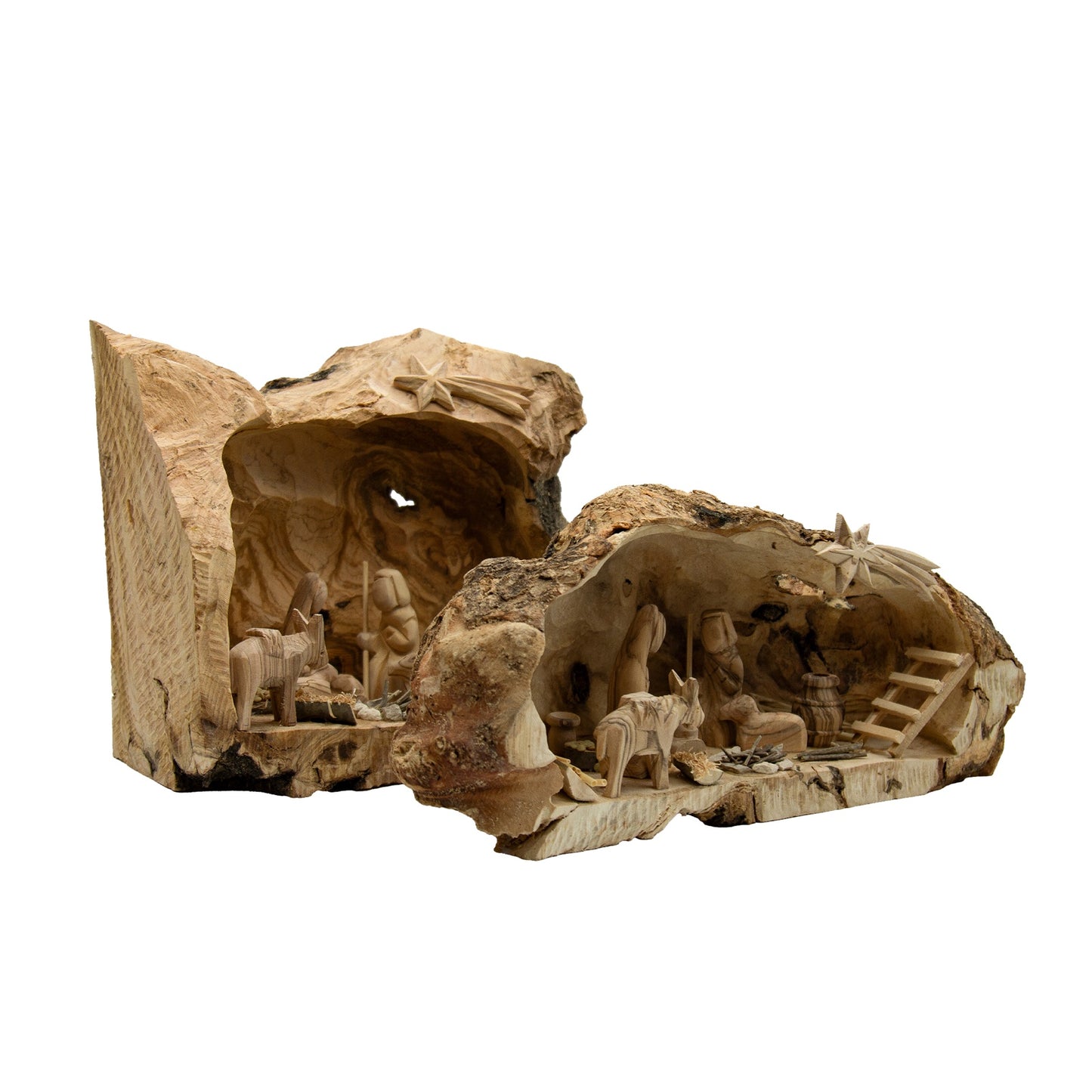 Hand-Carved Olive Wood Nativity in Natural Log - The Silent Witness Collection