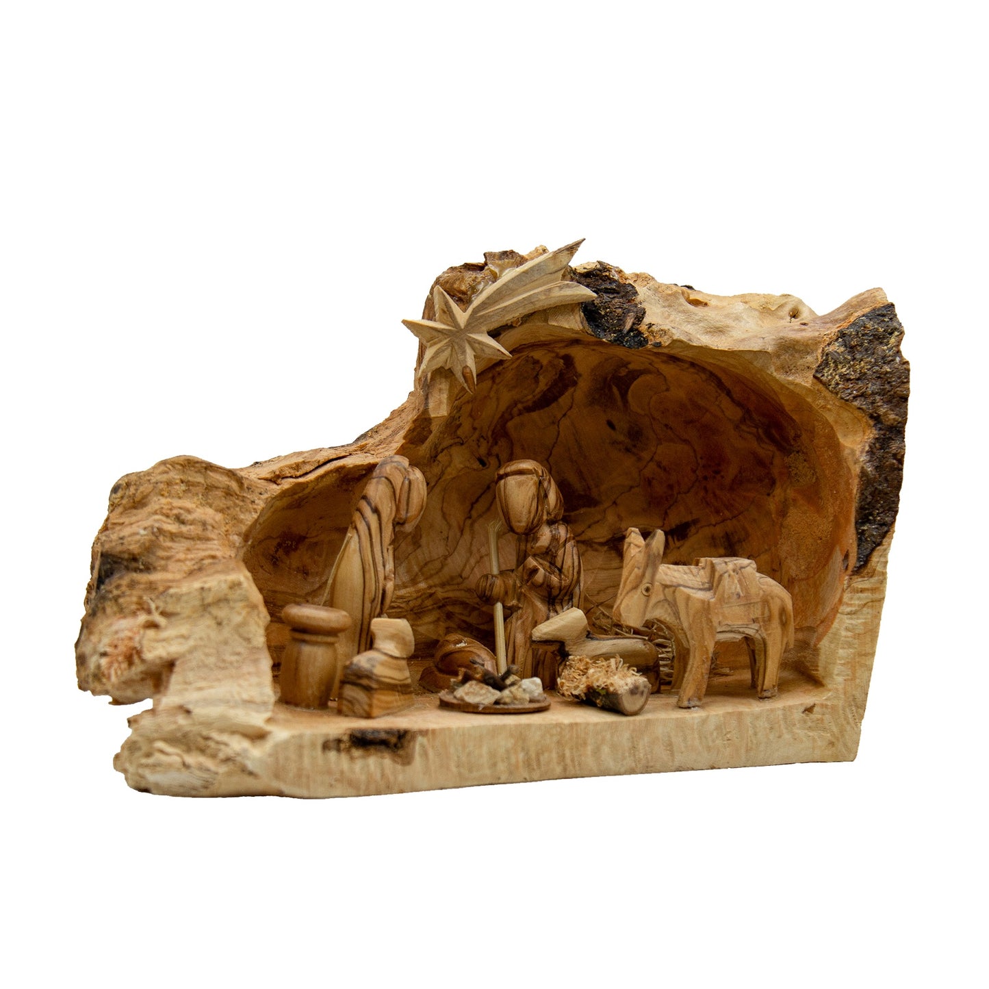 Hand-Carved Olive Wood Nativity in Natural Log - The Silent Witness Collection