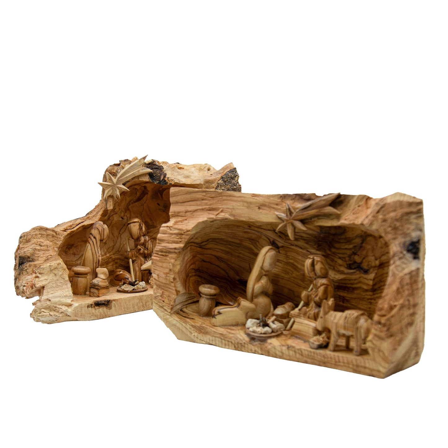 Hand-Carved Olive Wood Nativity in Natural Log - The Silent Witness Collection