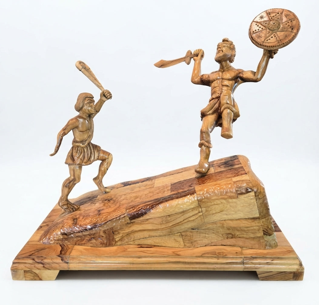 David and Goliath Handcrafted Olive Wood Sculpture