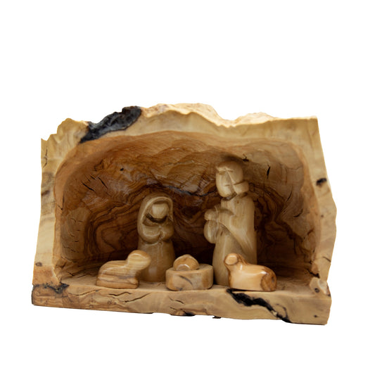Hand-Carved Olive Wood Nativity in Natural Log - The Silent Witness Collection