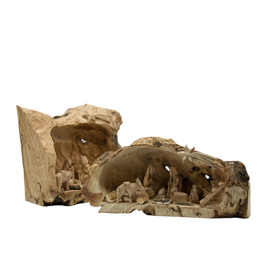 Hand-Carved Olive Wood Nativity in Natural Log - The Silent Witness Collection