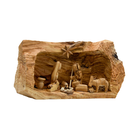 Hand-Carved Olive Wood Nativity in Natural Log - The Silent Witness Collection