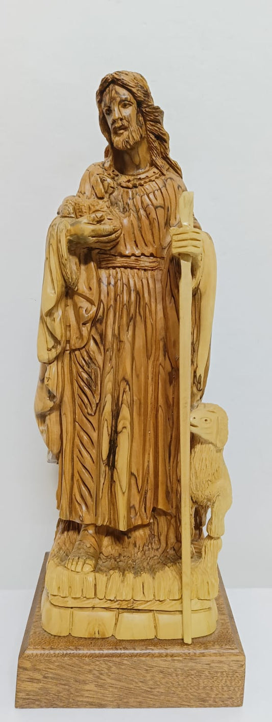 Handcrafted Good Shepherd Olive Wood Statue – Authentic Religious Carving