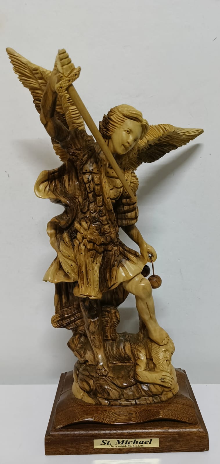 Handcrafted St. Michael the Archangel Olive Wood Statue