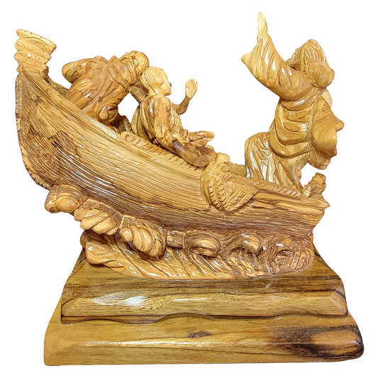 Jesus Calming the Storm Olive Wood Statue – Hand-Carved Miracle from Bethlehem