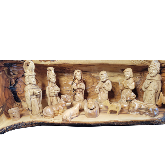 Unique Olive Wood Nativity Scene Carved in Natural Log – Handmade